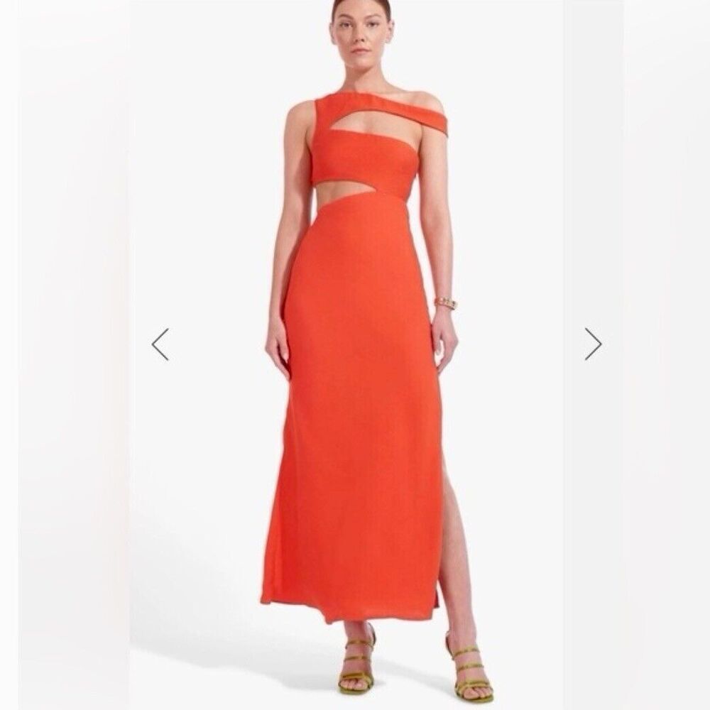 STAUD Prismatic Dress with cut-out Side Slit Off Shoulder Papaya Orange Size 6